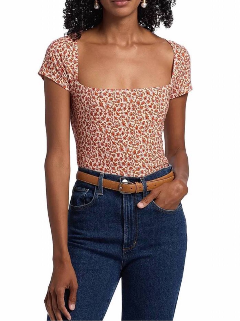 Reformation Bardot Mulberry Floral Orange White Square Neck Shirt Blouse